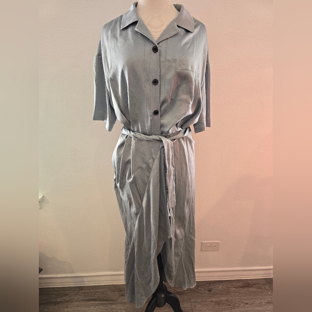 Burberry NEW Emily Mineral Blue 100% SILK Satin Tie Waist Shirt Dress Size 10 - Picture 6 of 16